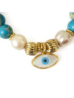 Turkish Evil Eye Beaded Bracelet 9” Gold Tone Accents Double-Sided Eye
